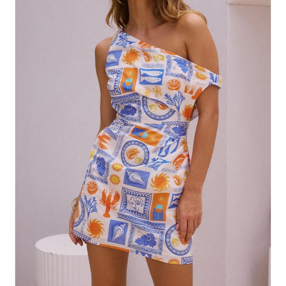 One-Shoulder Blue & Orange Printed Mini Dress